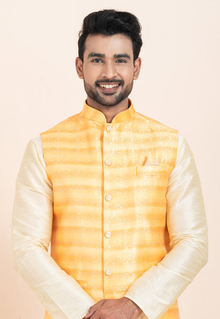 Cream Banarasi Silk Kurta Pajama With Jacket
