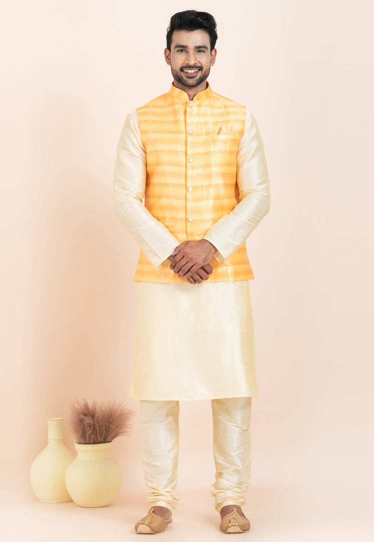 Cream Banarasi Silk Kurta Pajama With Jacket