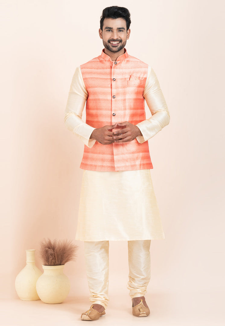 Cream Banarasi Silk Kurta Pajama With Jacket