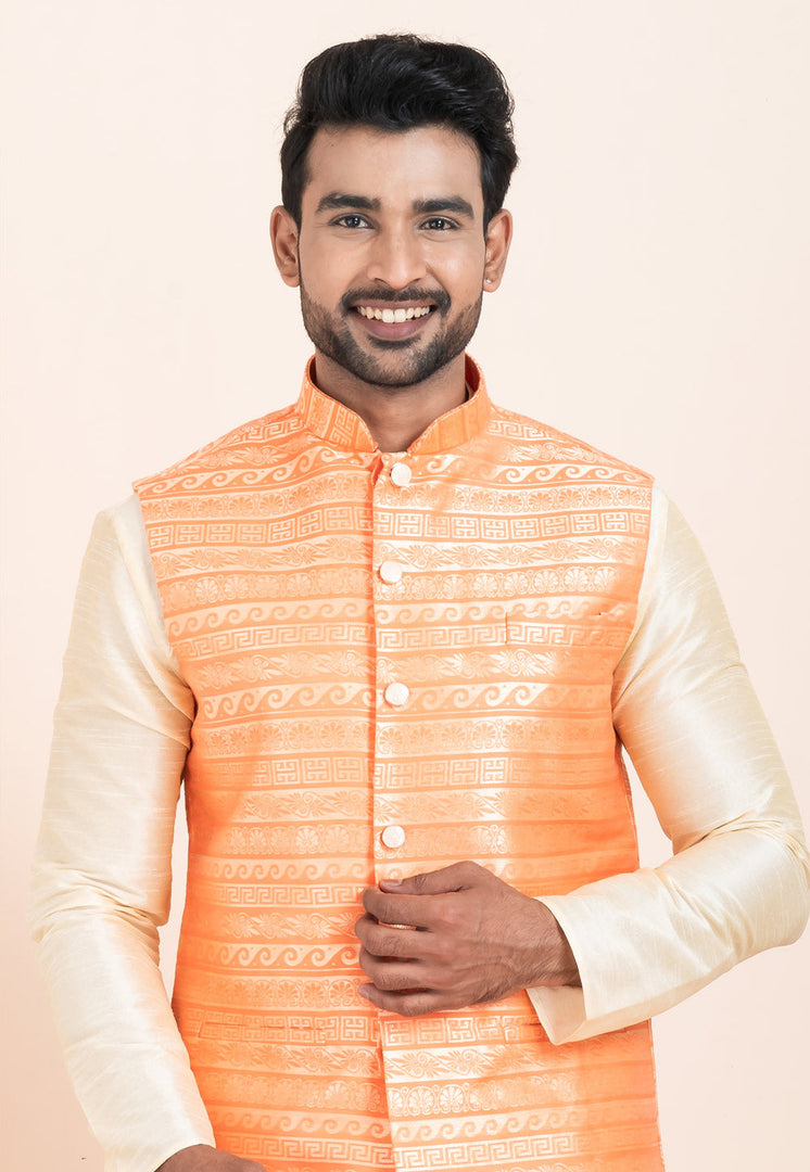 Cream Banarasi Silk Kurta Pajama With Jacket