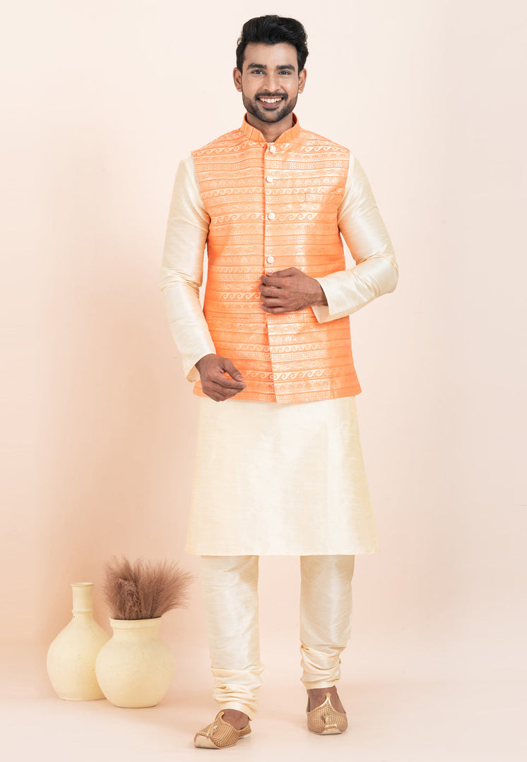 Cream Banarasi Silk Kurta Pajama With Jacket