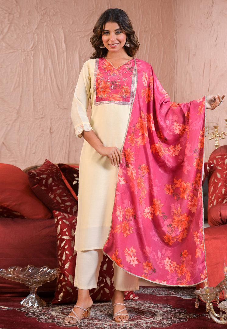 Cream Chanderi Readymade Pakistani Suit