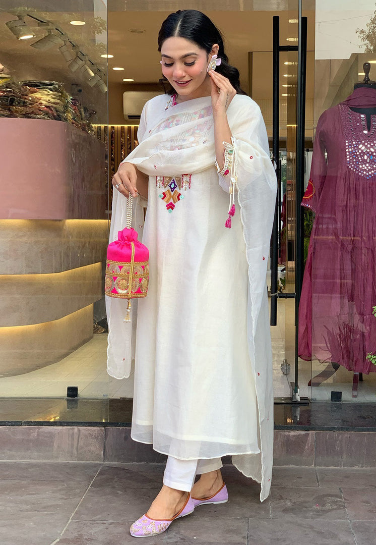 Cream Chanderi Silk Readymade Pakistani Suit