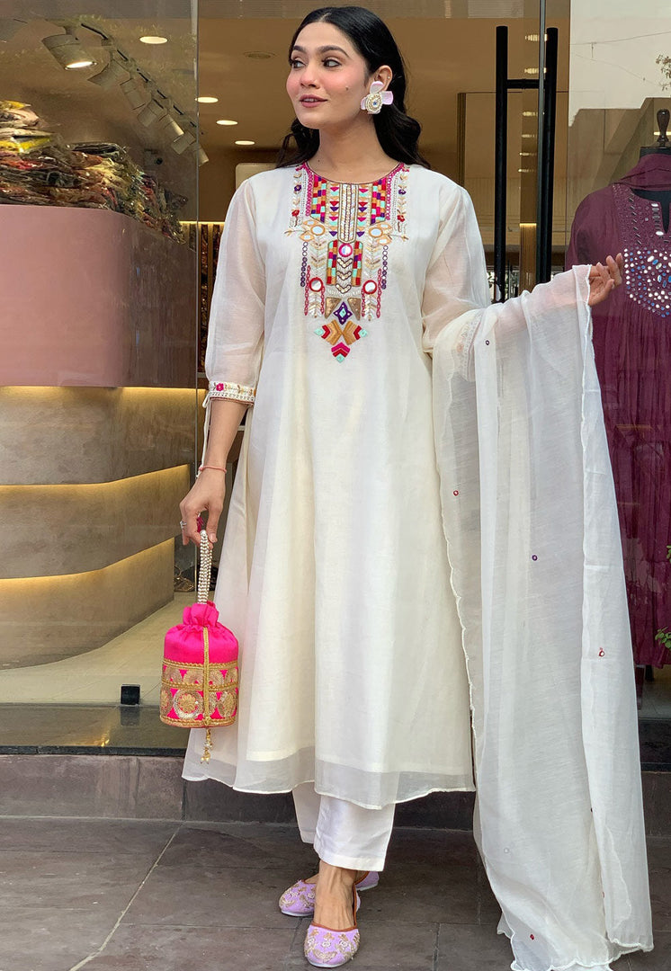 Cream Chanderi Silk Readymade Pakistani Suit