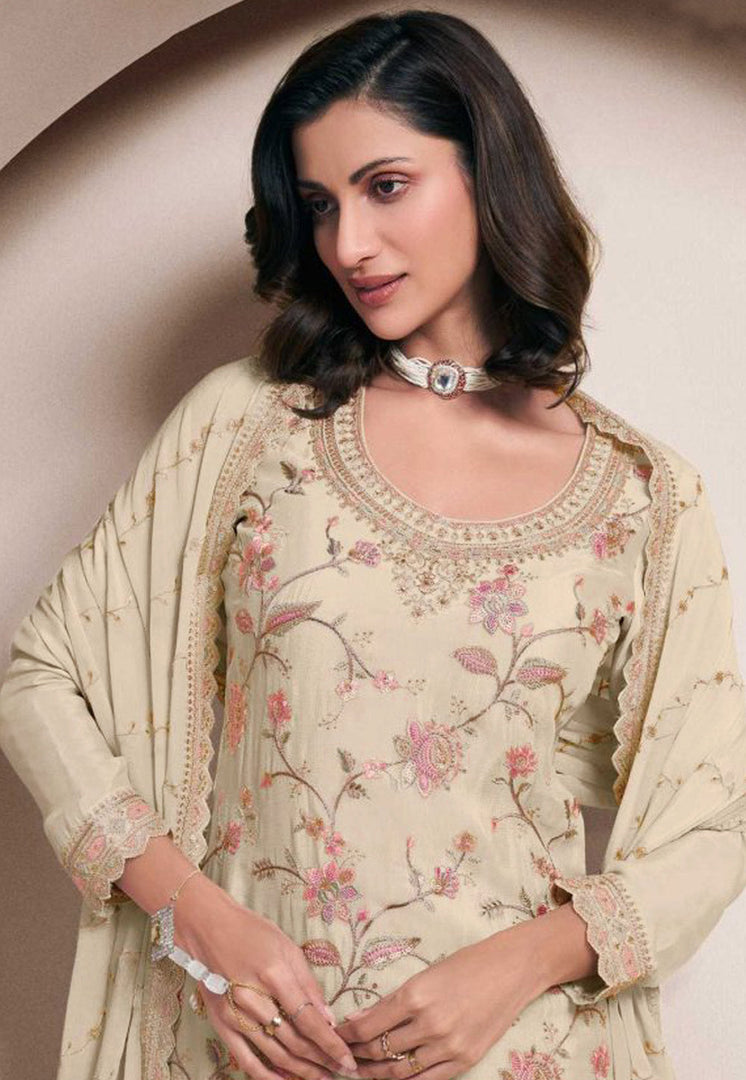 Cream Chinon Gharara Suit