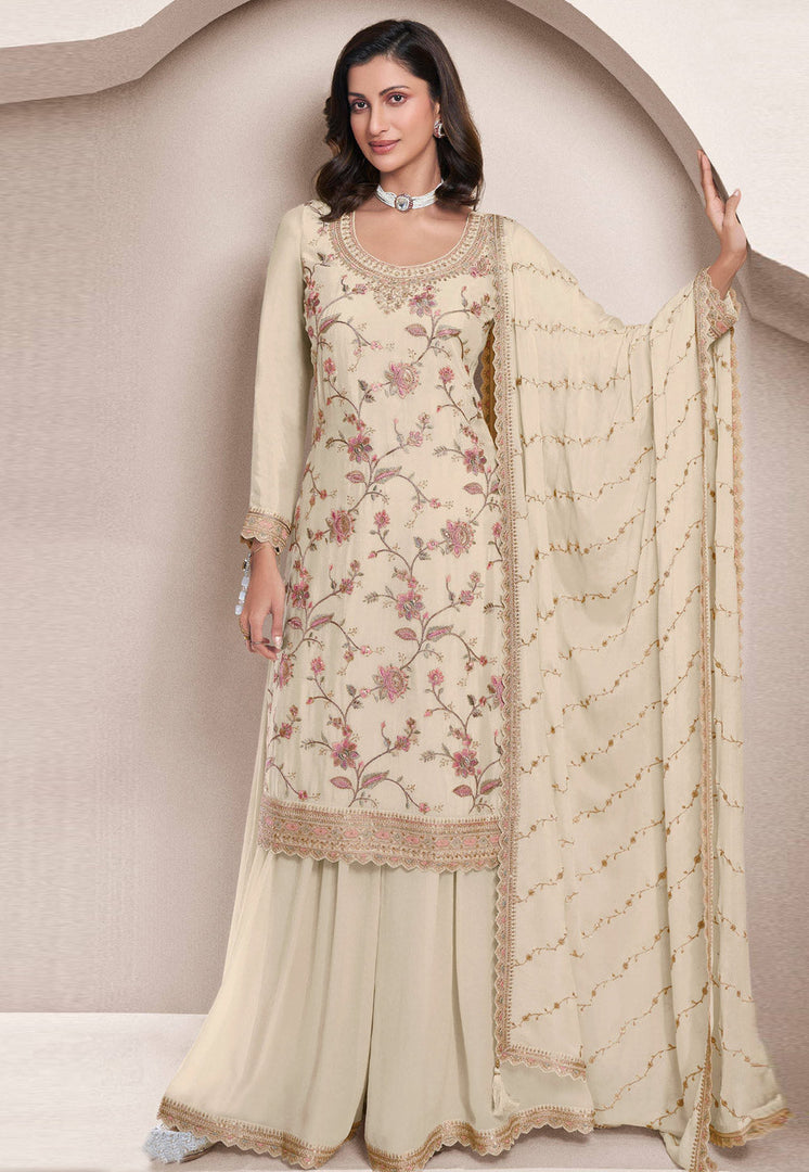 Cream Chinon Gharara Suit