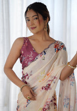Load image into Gallery viewer, Cream Chinon Saree With Blouse

