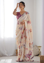Load image into Gallery viewer, Cream Chinon Saree With Blouse
