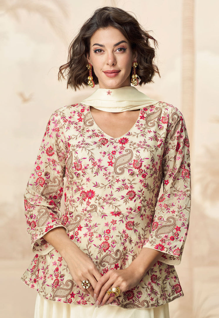 Cream Chinon Silk Embroidered Sharara Suit