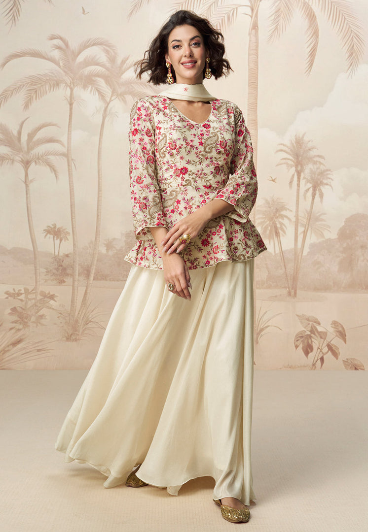 Cream Chinon Silk Embroidered Sharara Suit
