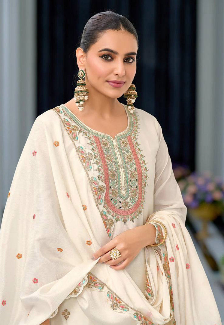 Cream Chinon Silk Readymade Palazzo Suit
