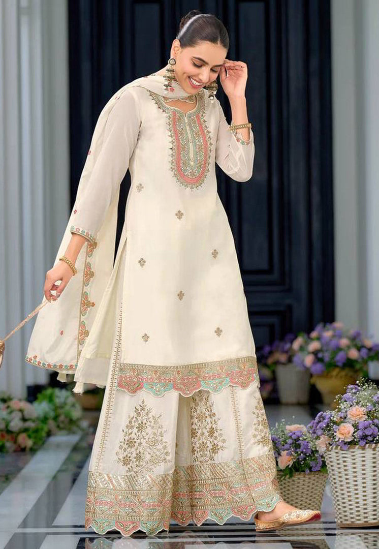 Cream Chinon Silk Readymade Palazzo Suit