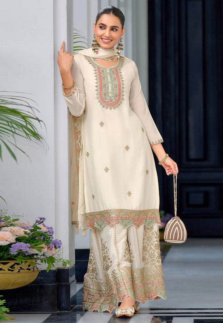 Cream Chinon Silk Readymade Palazzo Suit