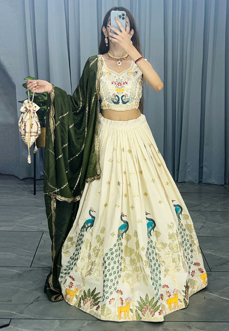 Cream Cotton A Line Lehenga Choli