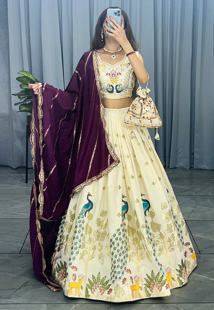 Cream Cotton A Line Lehenga Choli