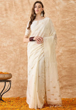 Load image into Gallery viewer, Cream Cotton Jacquard Saree With Blouse
