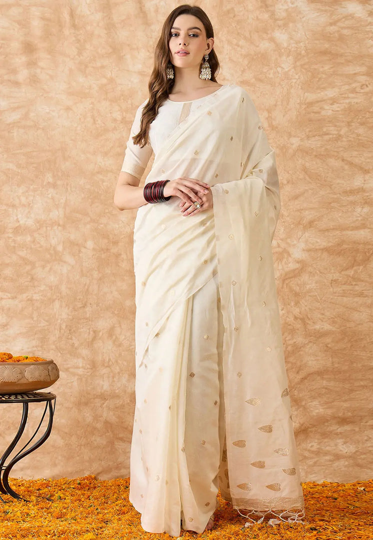 Cream Cotton Jacquard Saree With Blouse