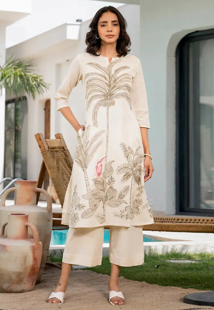 Cream Cotton Kurta Set With Palazzo
