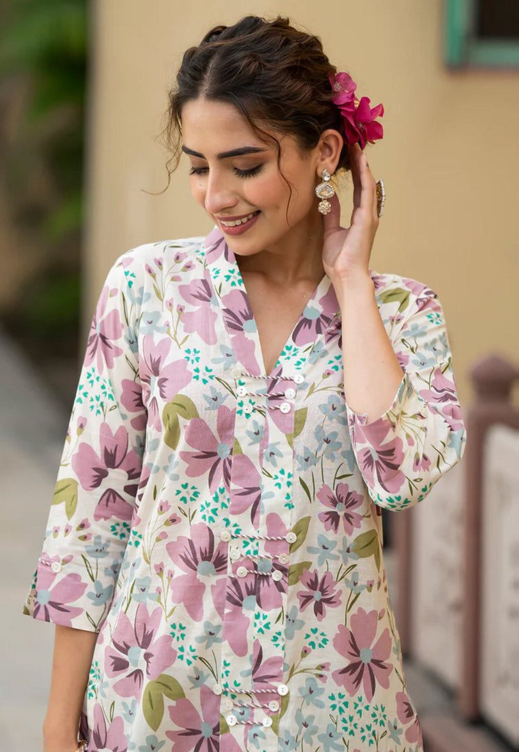 Cream Cotton Kurta Set With Pant