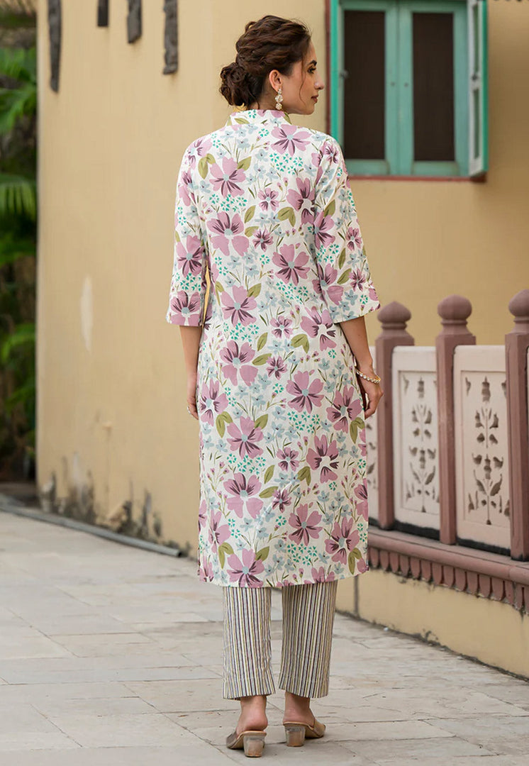 Cream Cotton Kurta Set With Pant