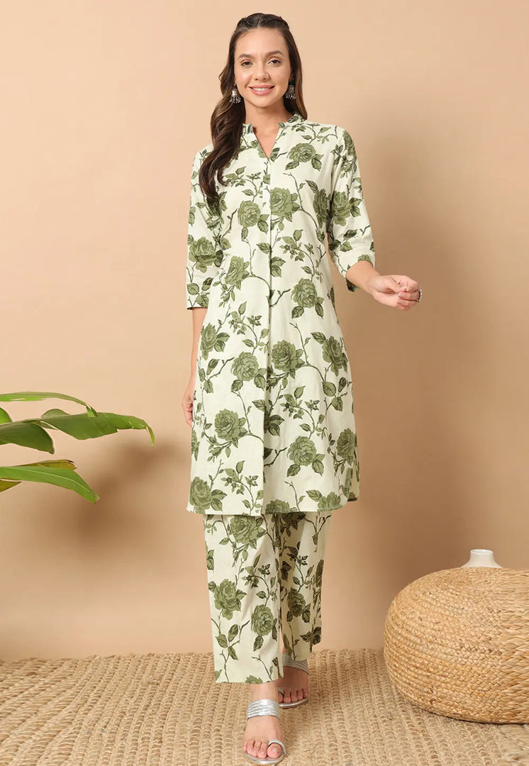 Cream Cotton Kurta Set With Pent