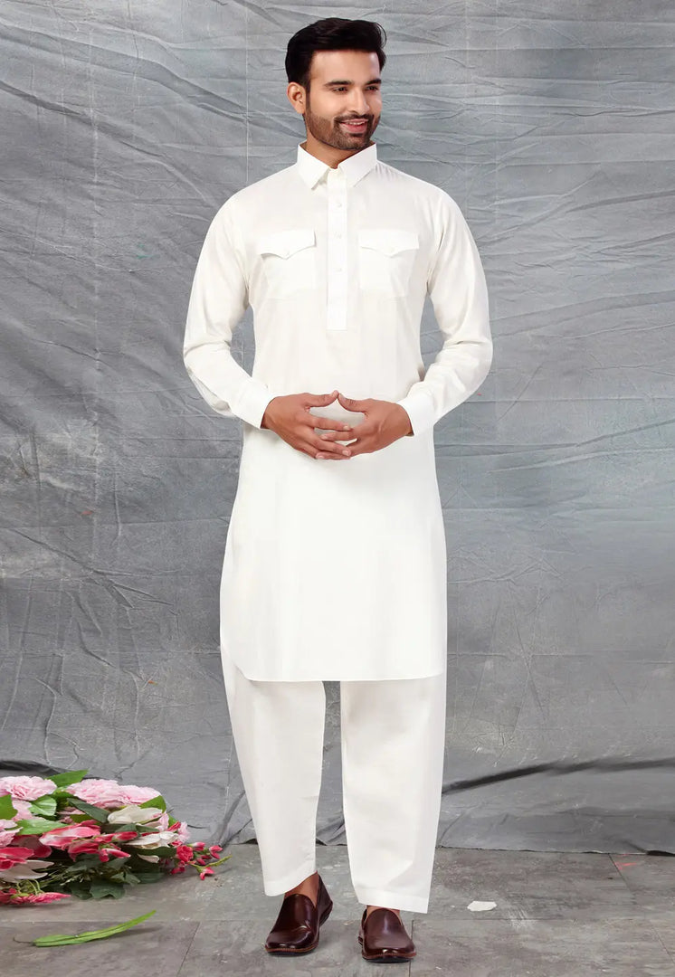 Cream Cotton Pathani Suit