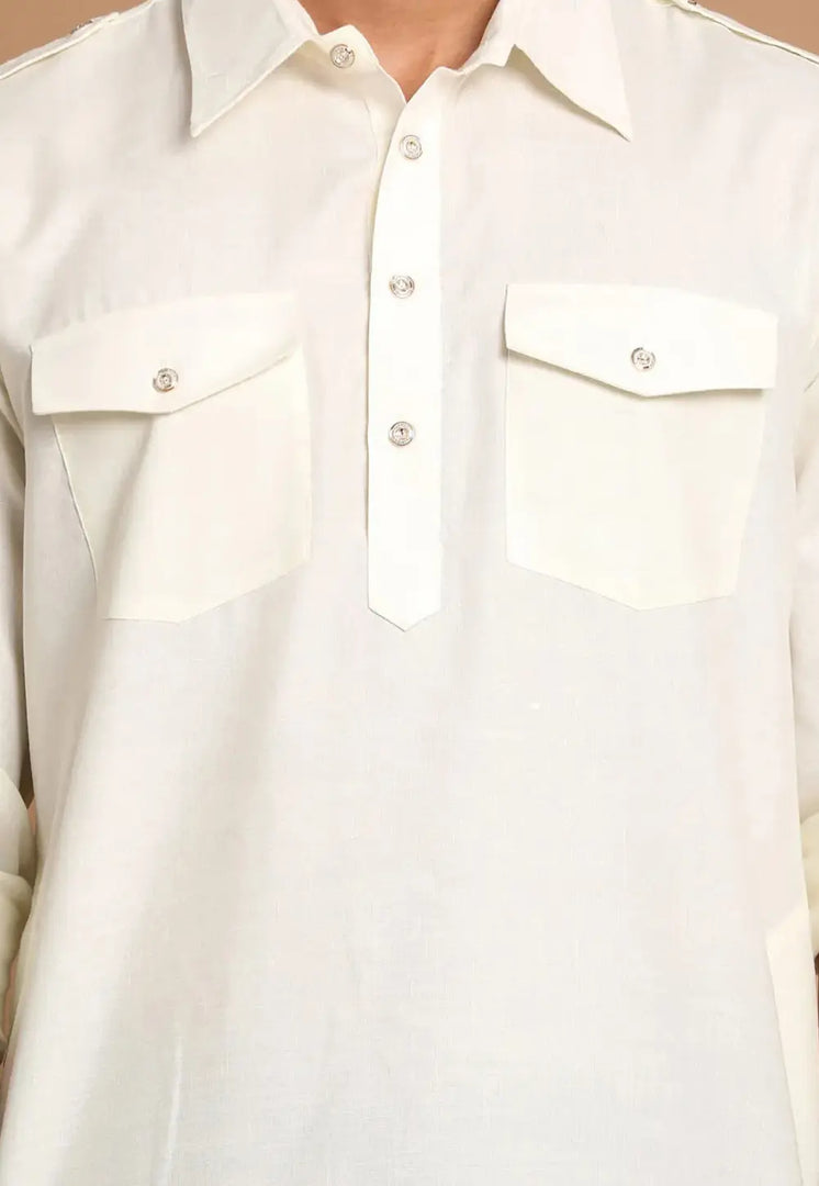 Cream Cotton Pathani Suit