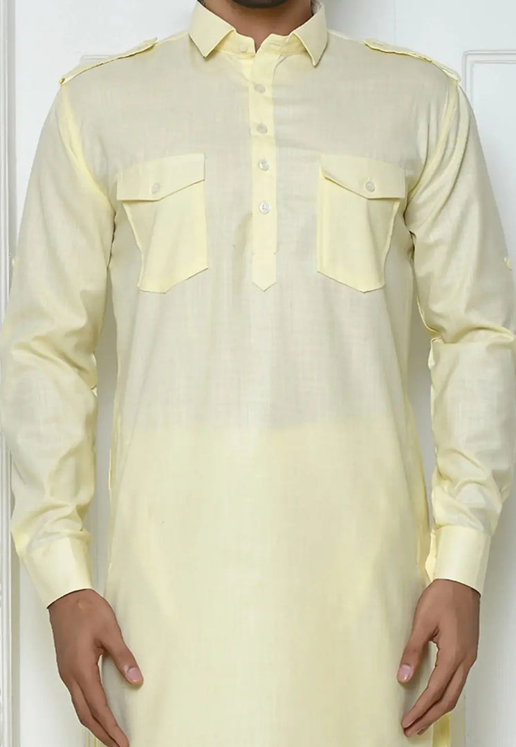 Cream Cotton Pathani Suit