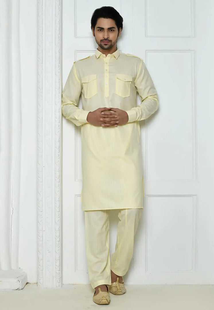 Cream Cotton Pathani Suit