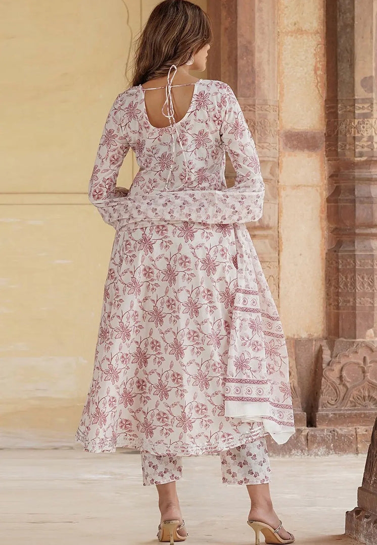 Cream Cotton Readymade Anarkali Suit