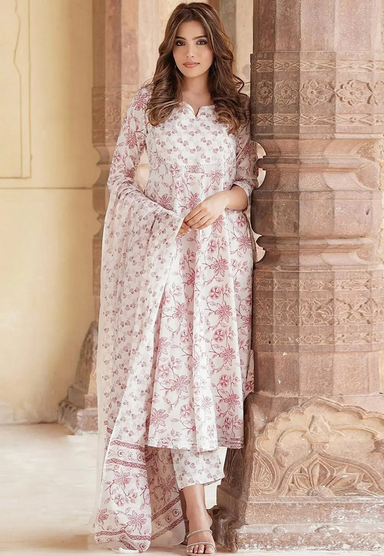 Cream Cotton Readymade Anarkali Suit