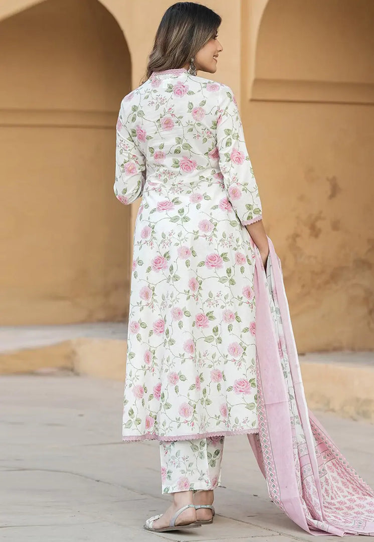 Cream Cotton Readymade Anarkali Suit