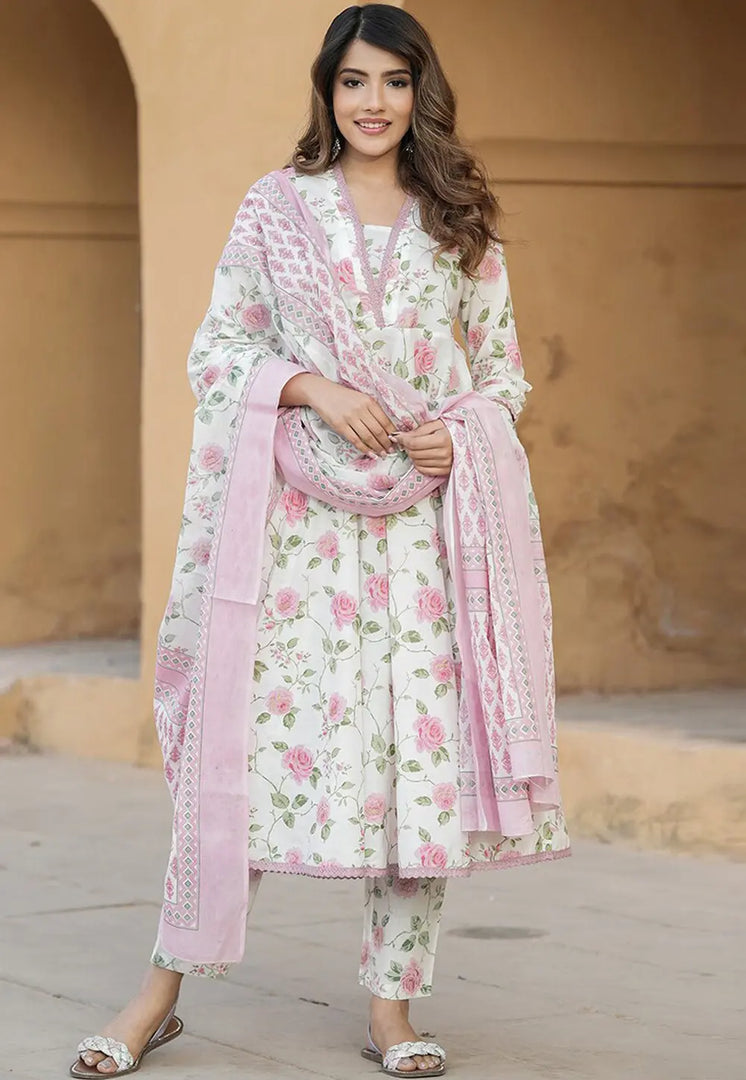 Cream Cotton Readymade Anarkali Suit