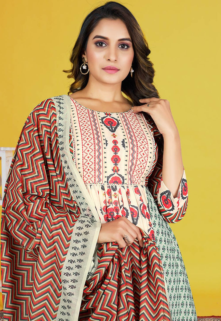 Cream Cotton Readymade Anarkali Suit