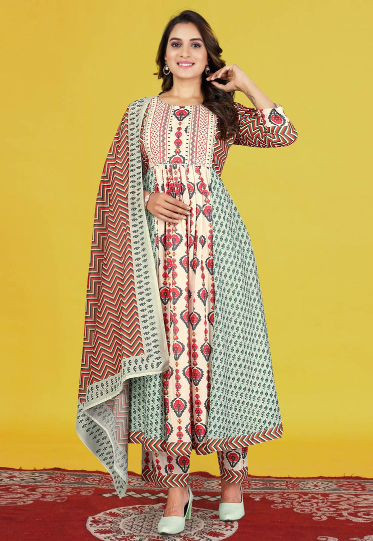 Cream Cotton Readymade Anarkali Suit