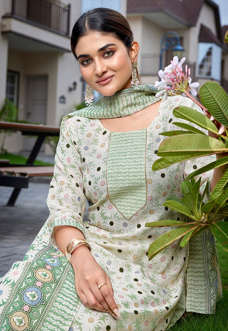 Cream Cotton Readymade Pant Style Suit