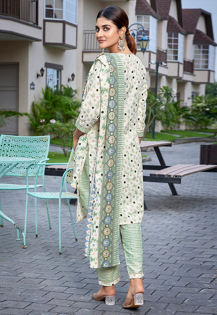 Cream Cotton Readymade Pant Style Suit