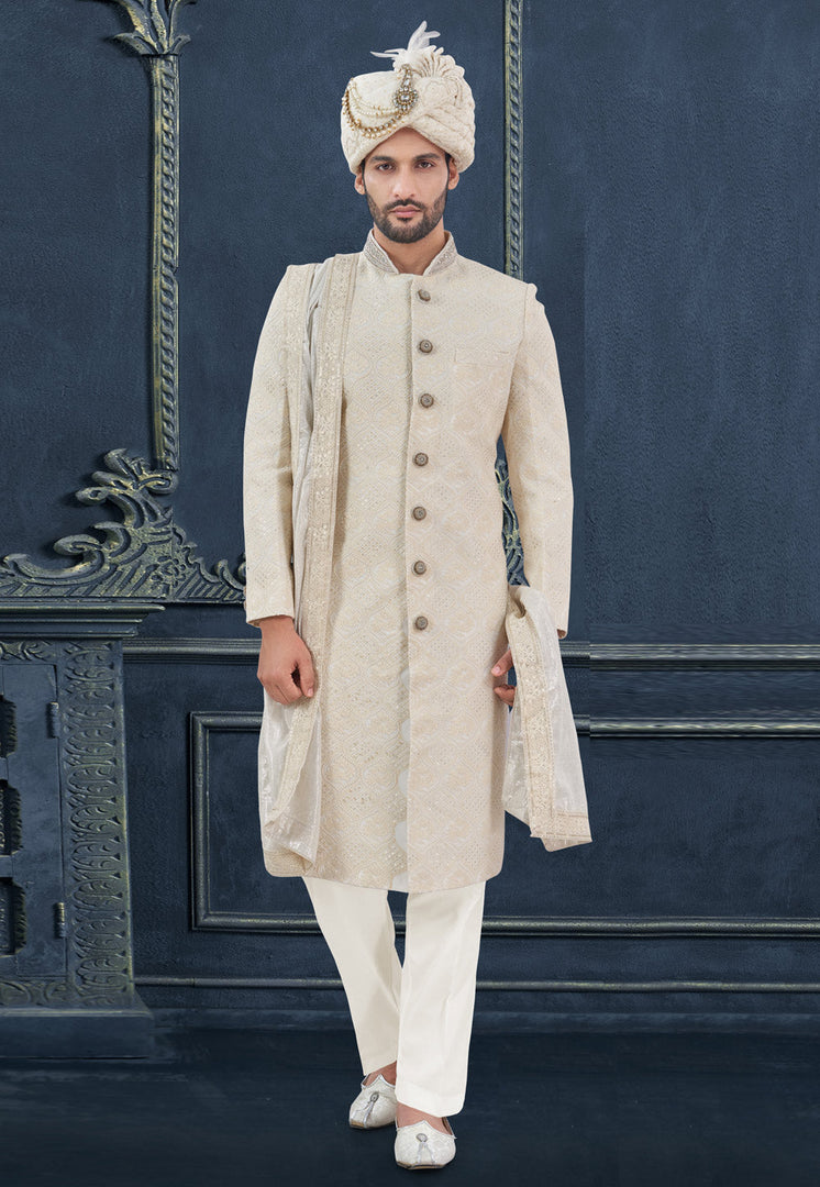 Cream Georgette Achkan Style Sherwani