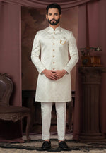 Load image into Gallery viewer, Cream Jacquard Indo Western Sherwani
