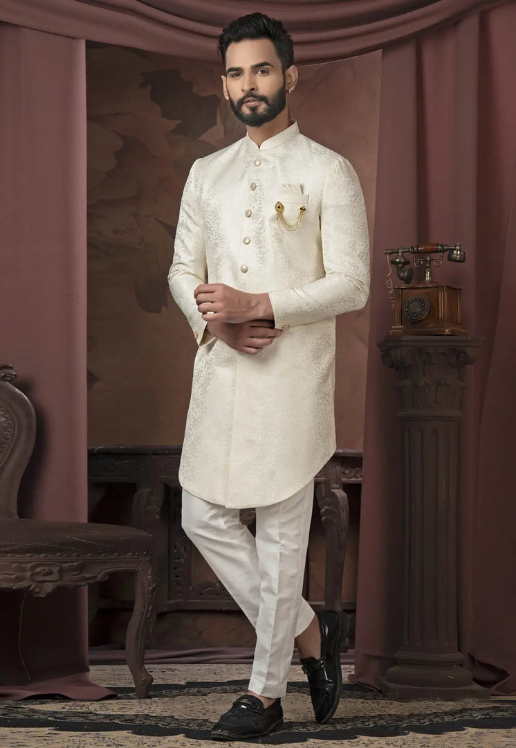 Cream Jacquard Indo Western Sherwani