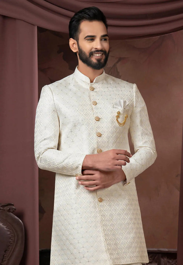 Cream Jacquard Indo Western Sherwani