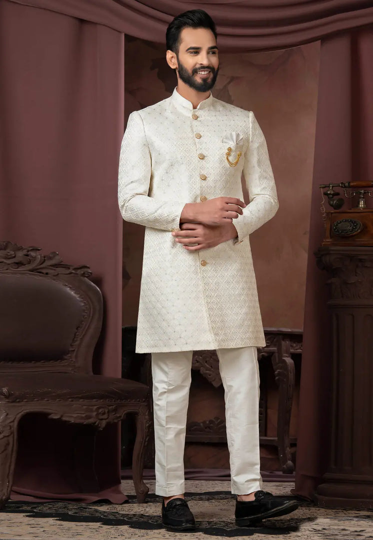 Cream Jacquard Indo Western Sherwani