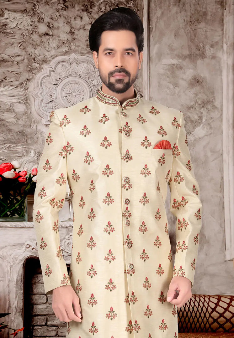 Cream Jacquard Indo Western Sherwani