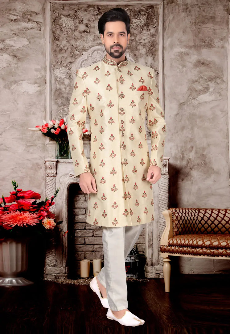 Cream Jacquard Indo Western Sherwani