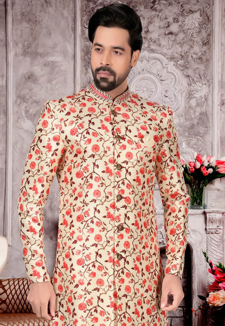 Cream Jacquard Indo Western Sherwani