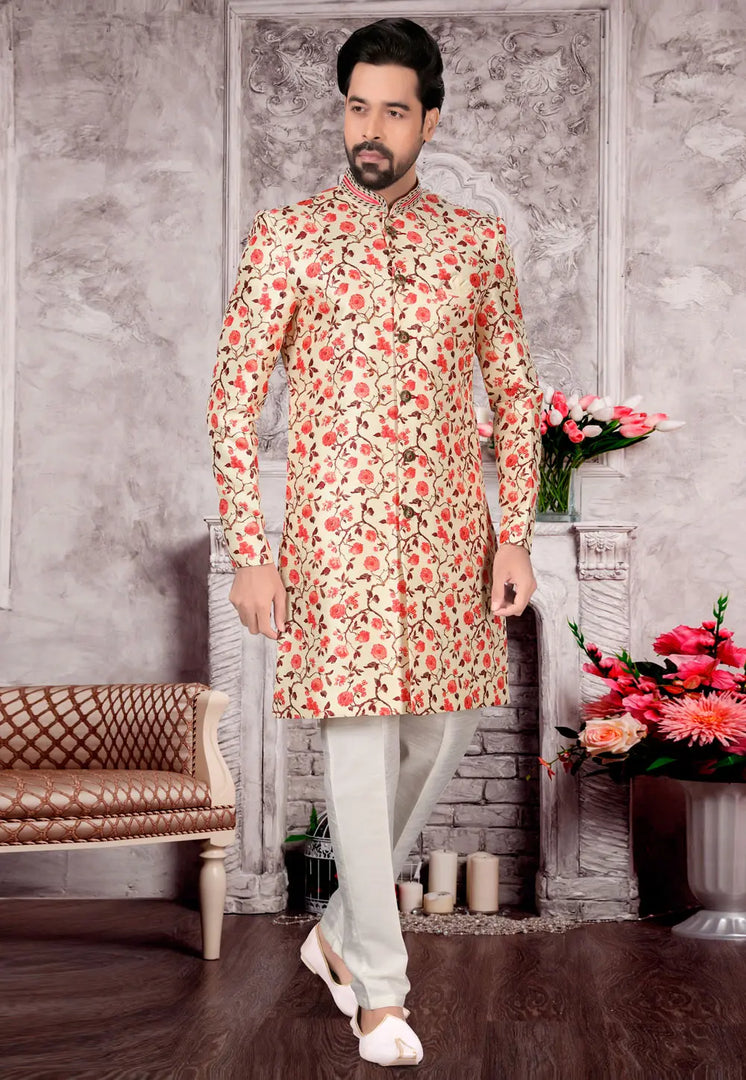 Cream Jacquard Indo Western Sherwani