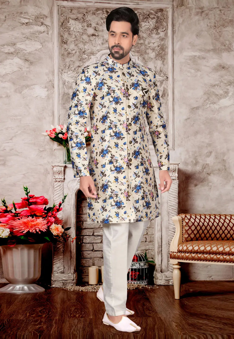 Cream Jacquard Indo Western Suit
