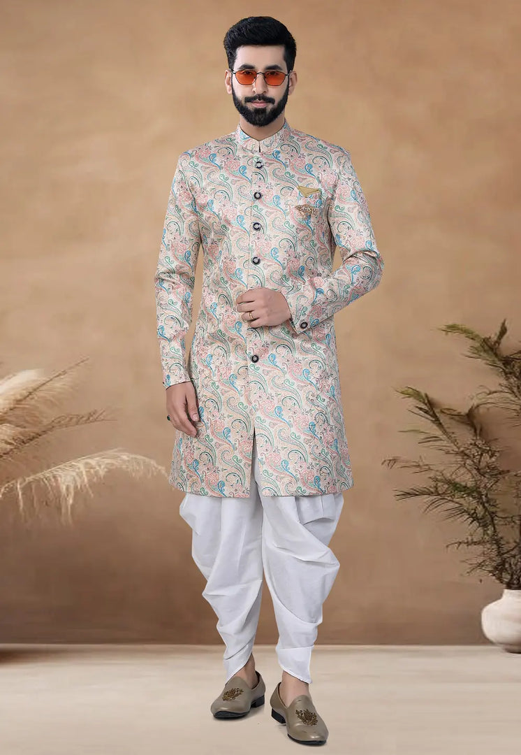 Cream Jacquard Indo Western Suit