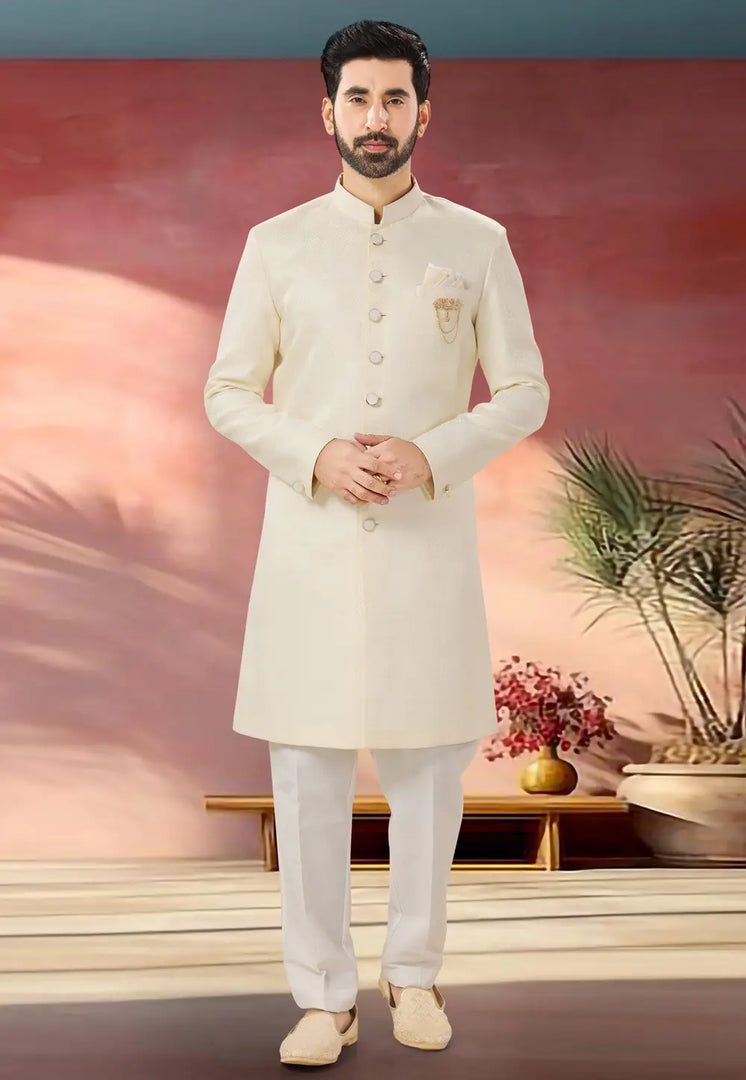 Cream Jacquard Indo Western Suit