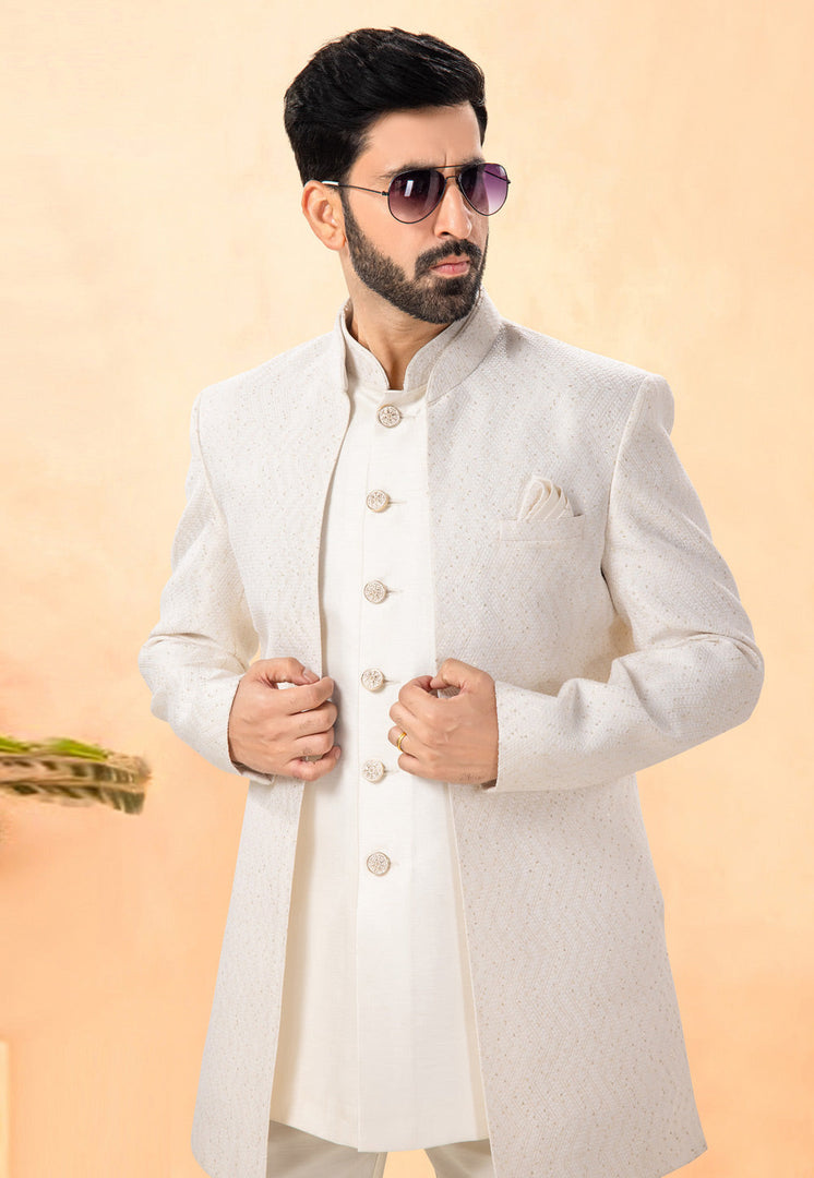 Cream Jacquard Indo Western Suit